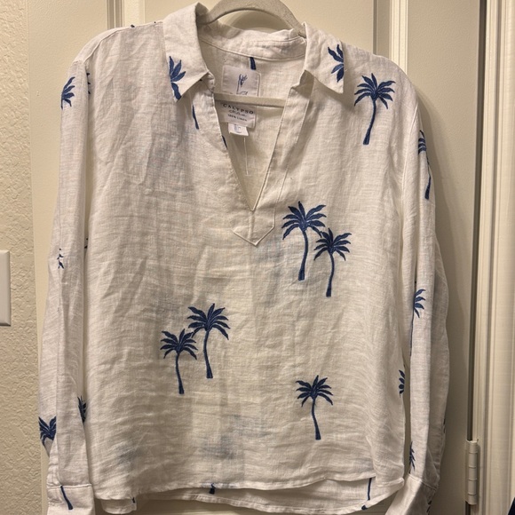 Calypso St. Barth Tops - Calypso St. Barth White and Blue Palm Tree Men's Shirt